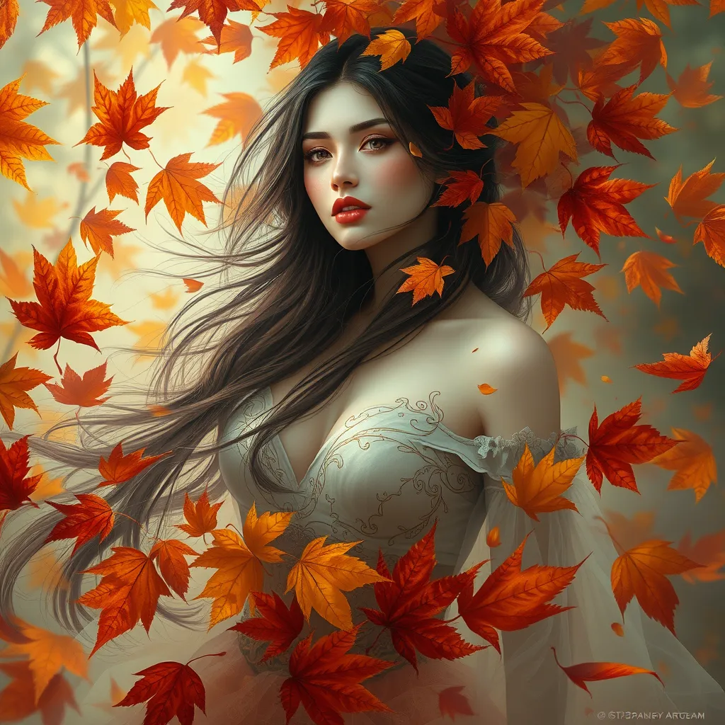 Irelia in a surrealistic scene, surrounded by a whirlwind of autumn leaves, each leaf painted in vivid hues of gold and crimson, her figure almost translucent, blending seamlessly with the natural elements.