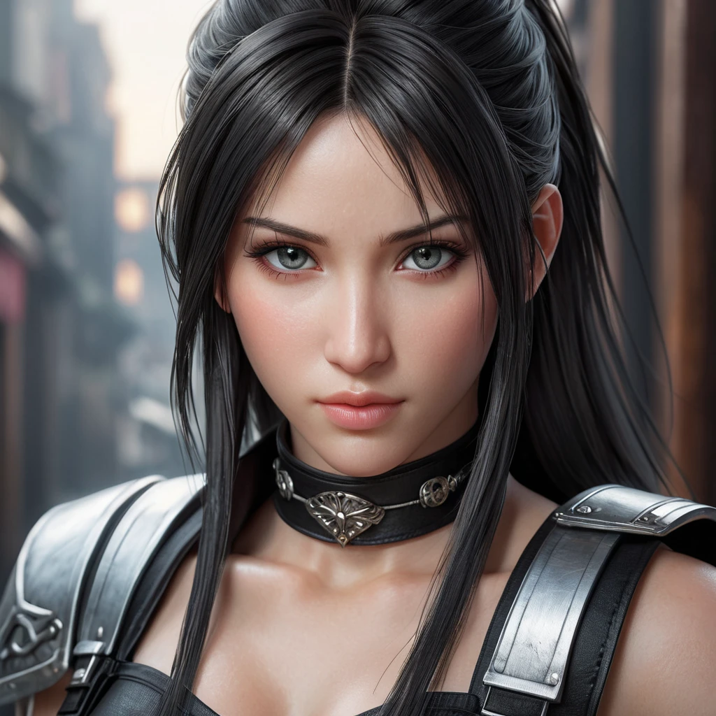 A close-up portrait of Tifa Lockhart, her eyes reflecting a fierce yet compassionate spirit, with intricate details of her clothing and accessories from Final Fantasy VII, bathed in a soft, natural light