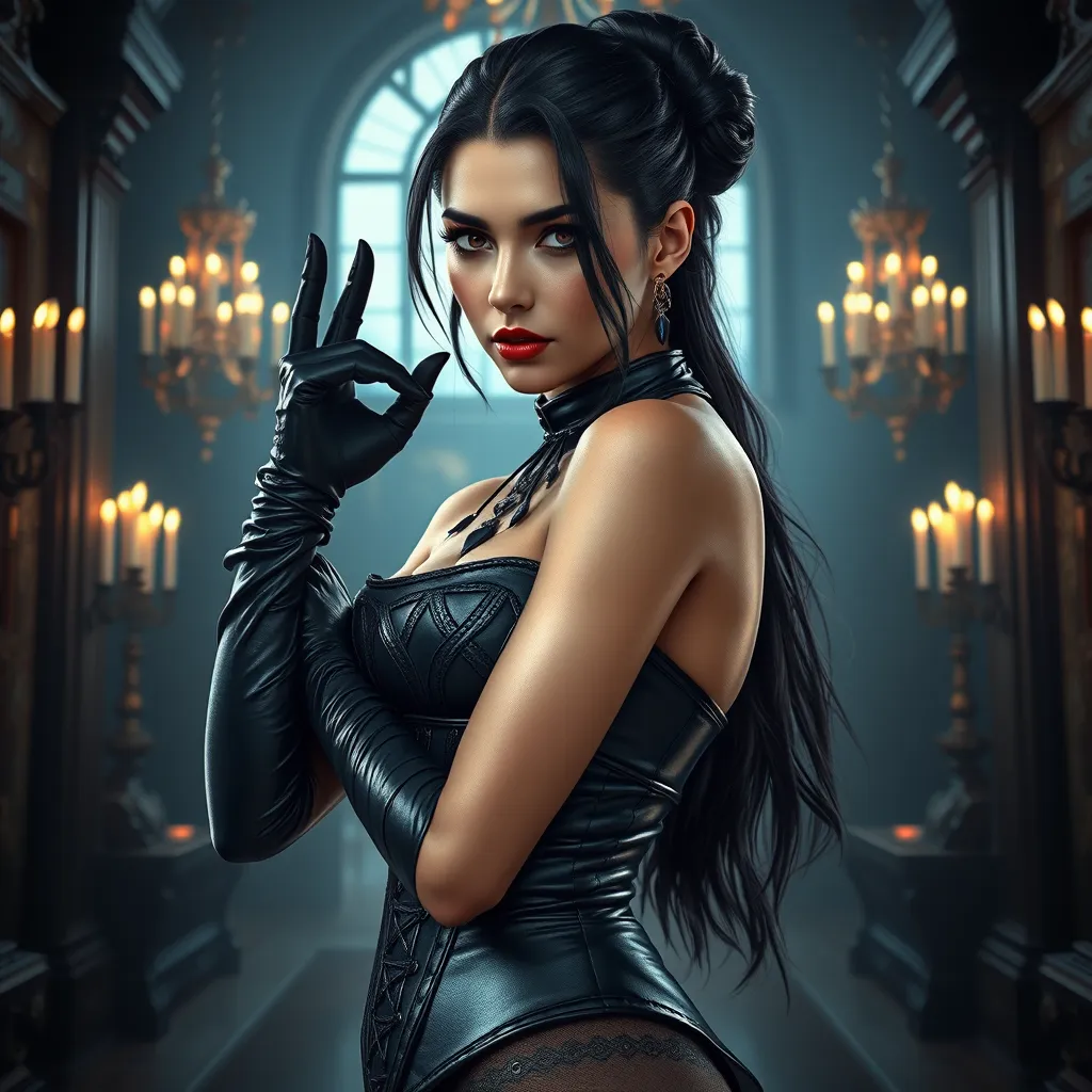 Ahri, styled in a gothic, black leather corset and long gloves, her features sharp and intense, posed in a grand, candlelit hall, the atmosphere both dark and enchanting, showcasing her alluring mystique.