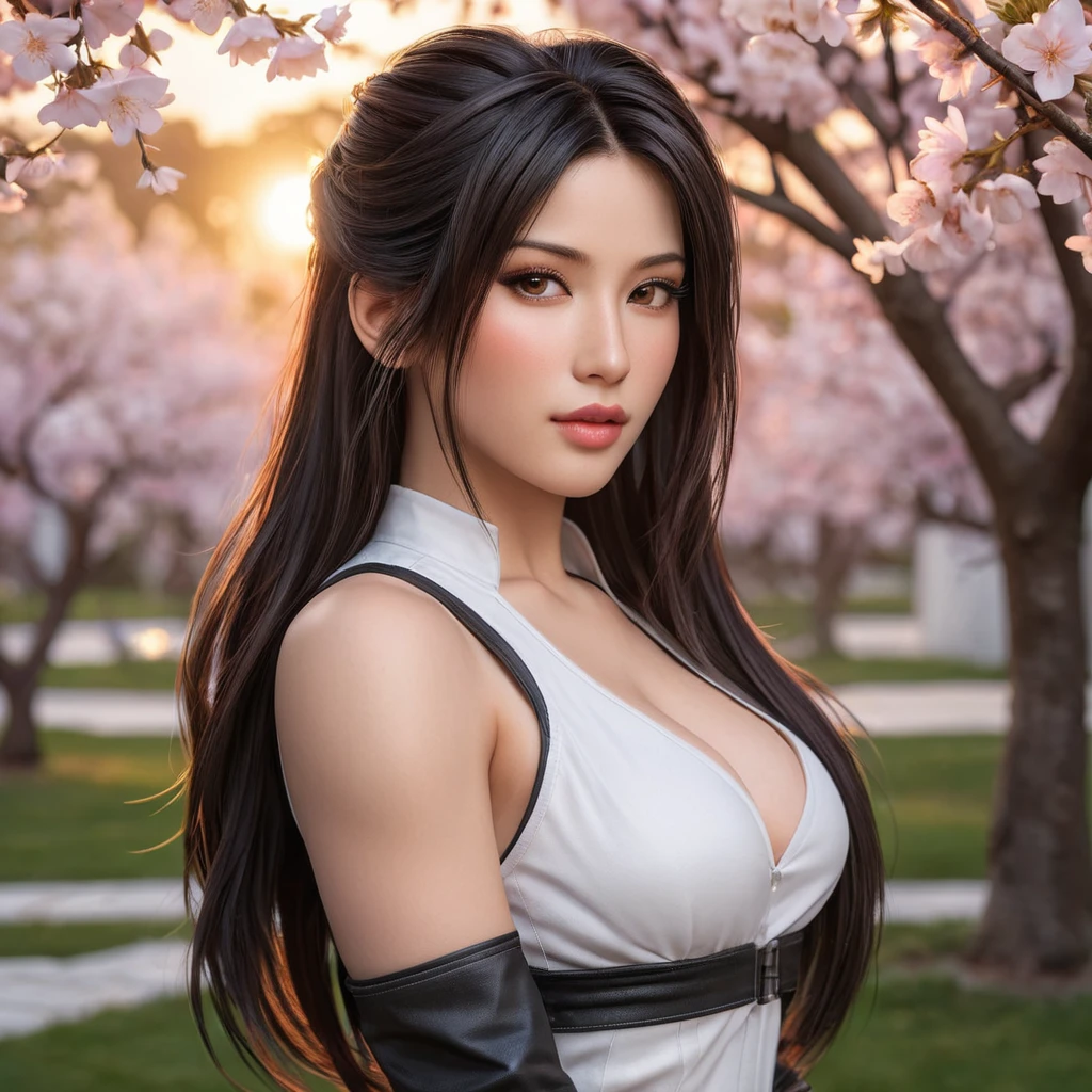 A stunning Tifa Lockhart standing in a serene cherry blossom garden at sunset, her hair flowing gently in the breeze, with a soft, warm glow illuminating her face, capturing her iconic beauty and strength