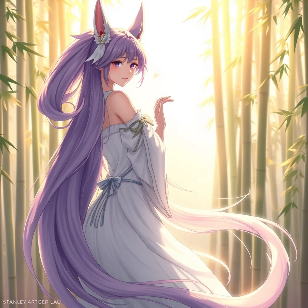 Ahri, portrayed in a classic anime style, with flowing, translucent tails and a gentle, serene expression, standing in a tranquil bamboo forest at dawn, the soft light enhancing her delicate features.