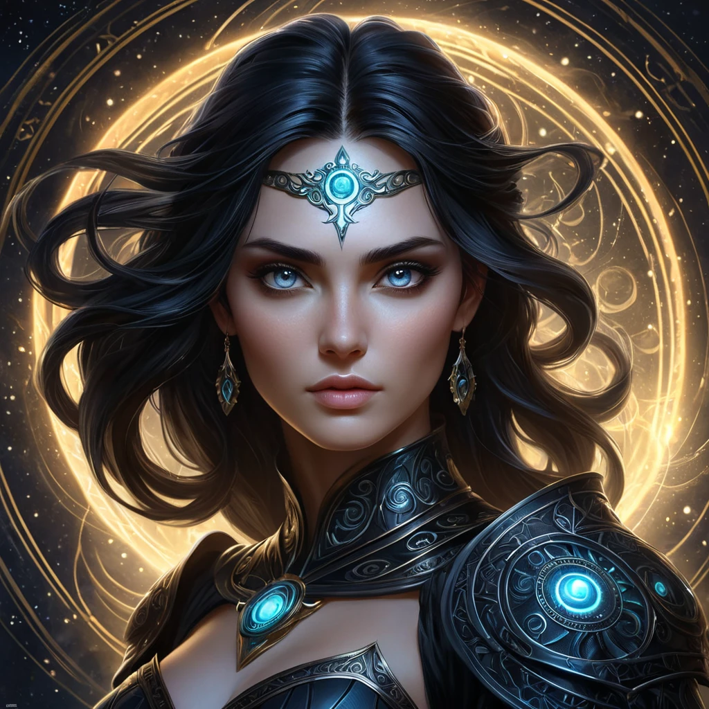 A stunning Morgana, with intricate, dark, and mystical armor adorned with glowing runes, stands amidst a swirling vortex of shadows and stars, her eyes piercing through the darkness with a fierce intensity, digital art style.