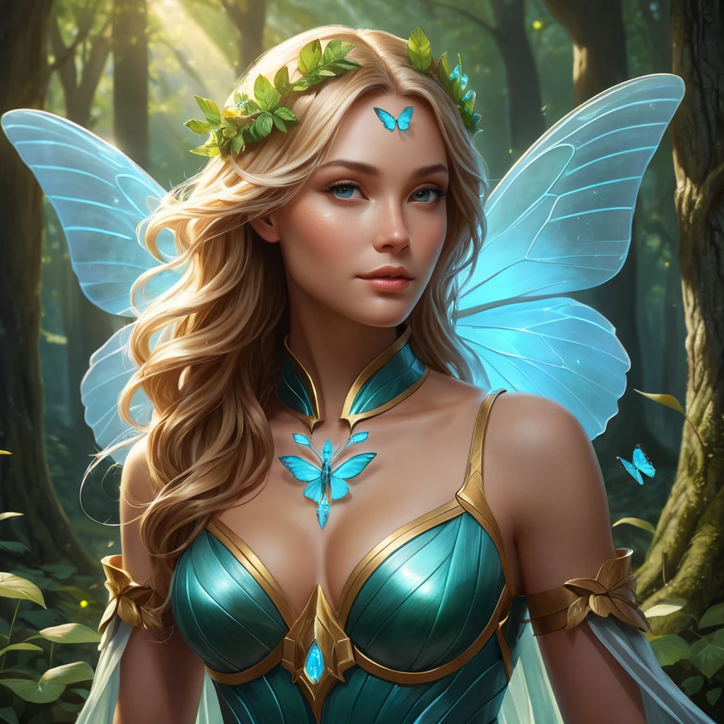 Imagine Kayle in a serene forest glade, her armor transformed into a gown of leaves and flowers, her wings shimmering with bioluminescent light, as she gently touches a glowing butterfly floating by.