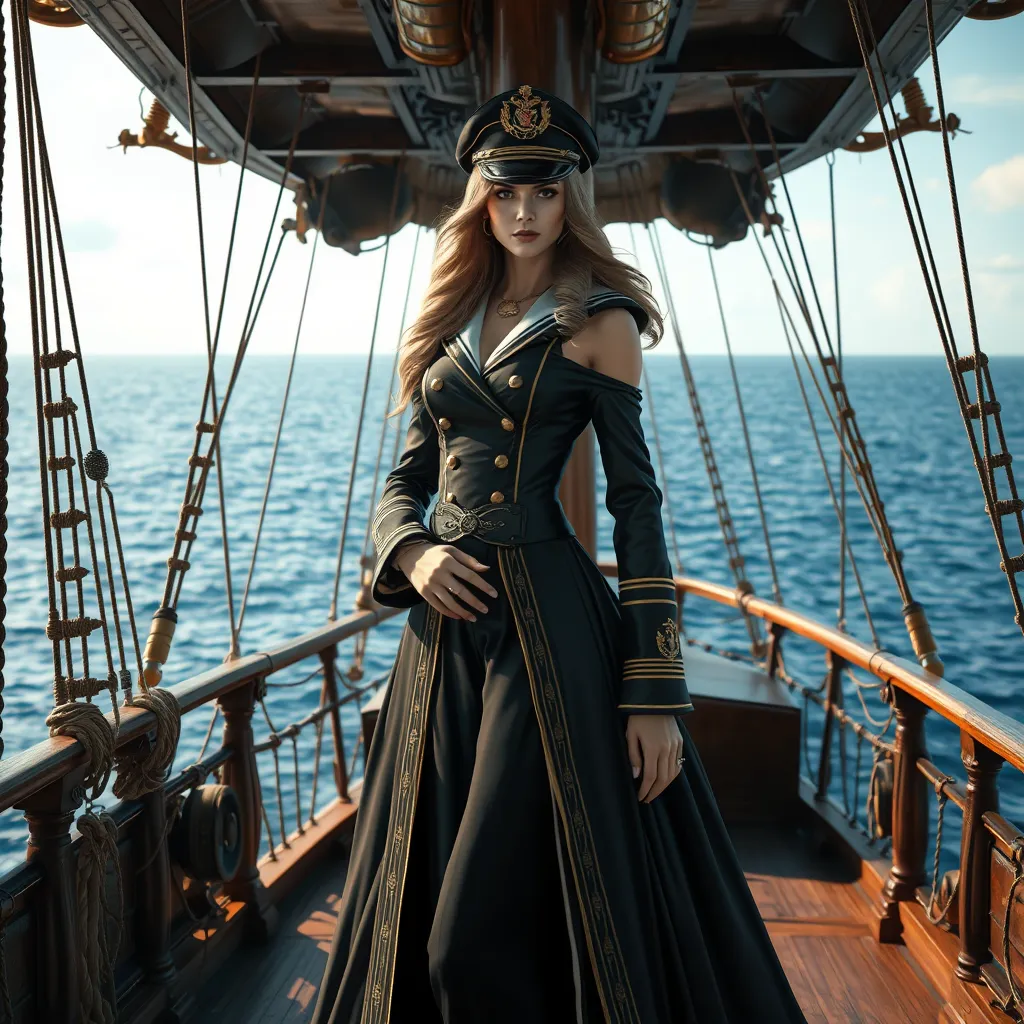 A regal Miss Fortune, dressed in a luxurious, old-world naval captain's attire, standing on the deck of a grand, antique ship, the ocean beneath her calm and serene, highlighting her leadership and maritime prowess.