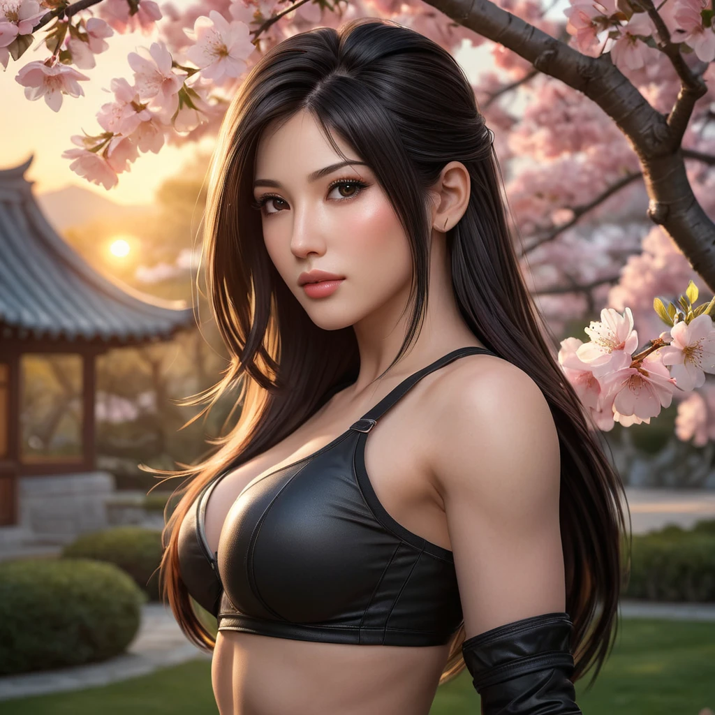 A stunning Tifa Lockhart standing in a serene cherry blossom garden at sunset, her hair flowing gently in the breeze, with a soft, warm glow illuminating her face, capturing her iconic beauty and strength