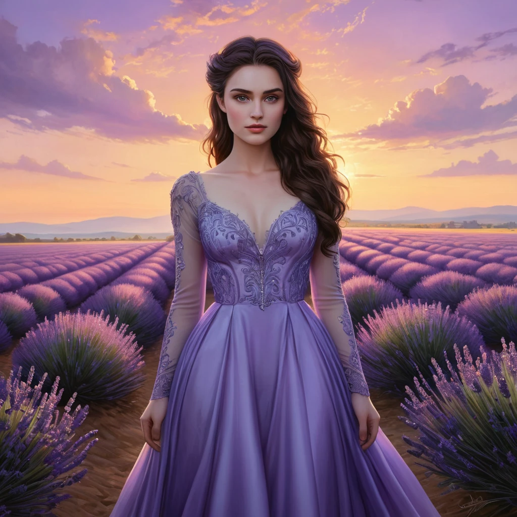 Morgana, the embodiment of twilight, stands in a field of lavender under a sky painted with the hues of dusk, her silhouette softly illuminated by the last rays of the setting sun, portrayed in a soft, dreamy pastel style.