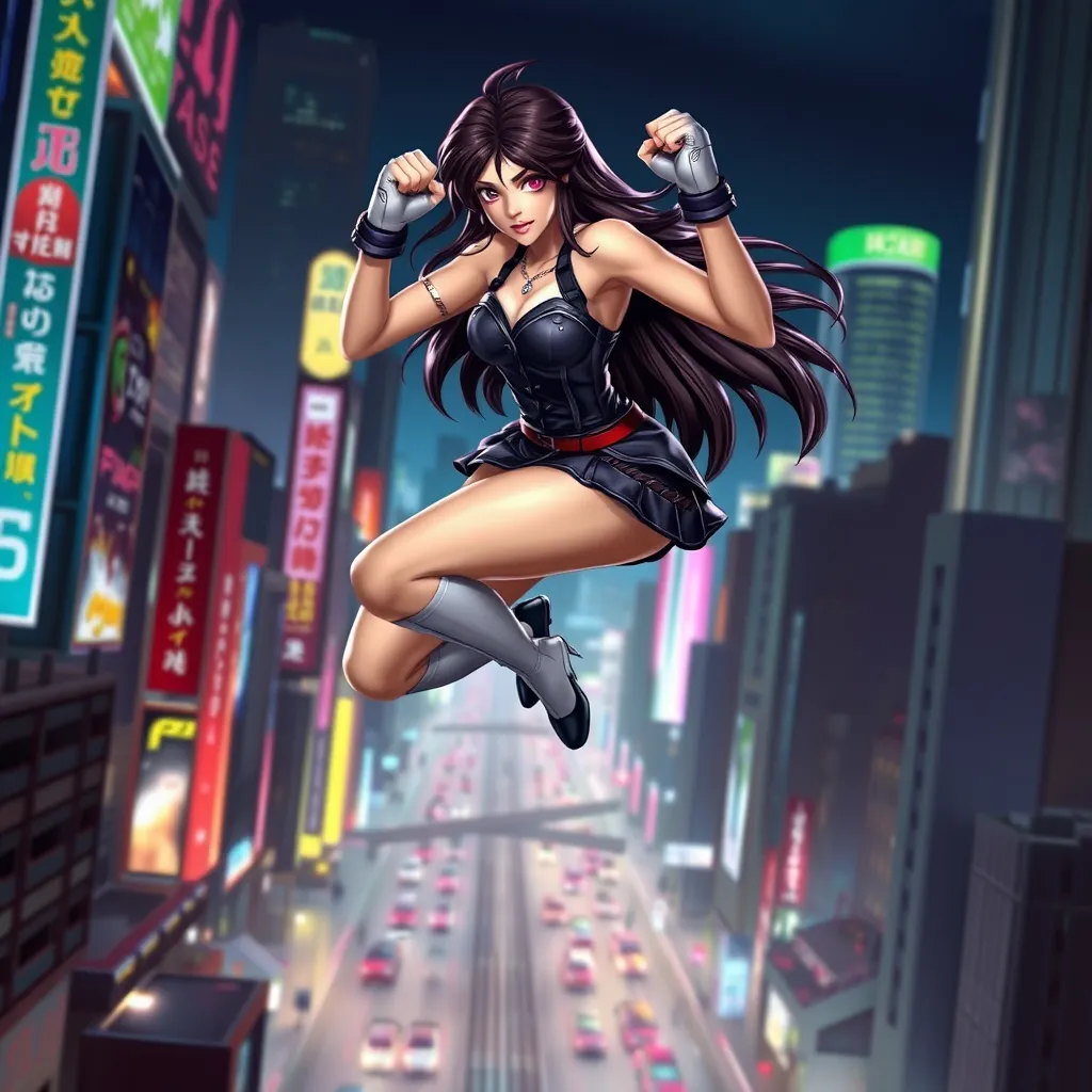 Tifa Lockhart in a dynamic pose, leaping through the air with her fists clenched, set against a backdrop of a bustling, neon-lit city at night, showcasing her agility and determination