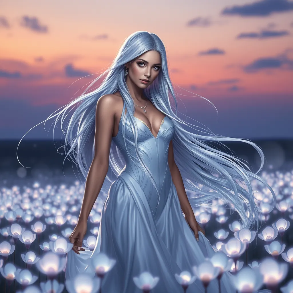 A stunning Irelia, with her hair flowing like liquid silver under a twilight sky, standing amidst a field of luminescent irises that glow with a soft, otherworldly light, emphasizing her ethereal beauty.