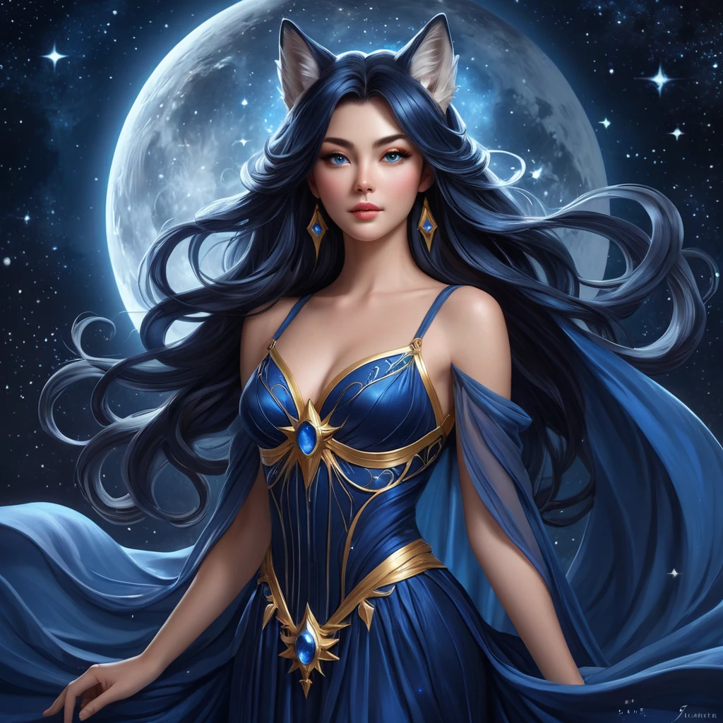 An enchanting Ahri, her form draped in a flowing, ethereal gown of midnight blue, adorned with stars and moons, standing beneath a celestial canopy, her eyes reflecting the cosmos, embodying cosmic allure.