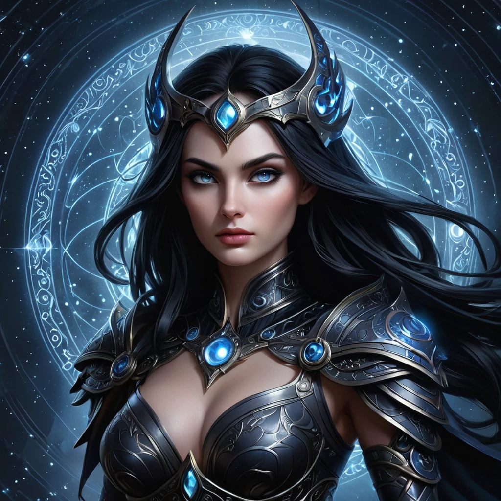 A stunning Morgana, with intricate, dark, and mystical armor adorned with glowing runes, stands amidst a swirling vortex of shadows and stars, her eyes piercing through the darkness with a fierce intensity, digital art style.