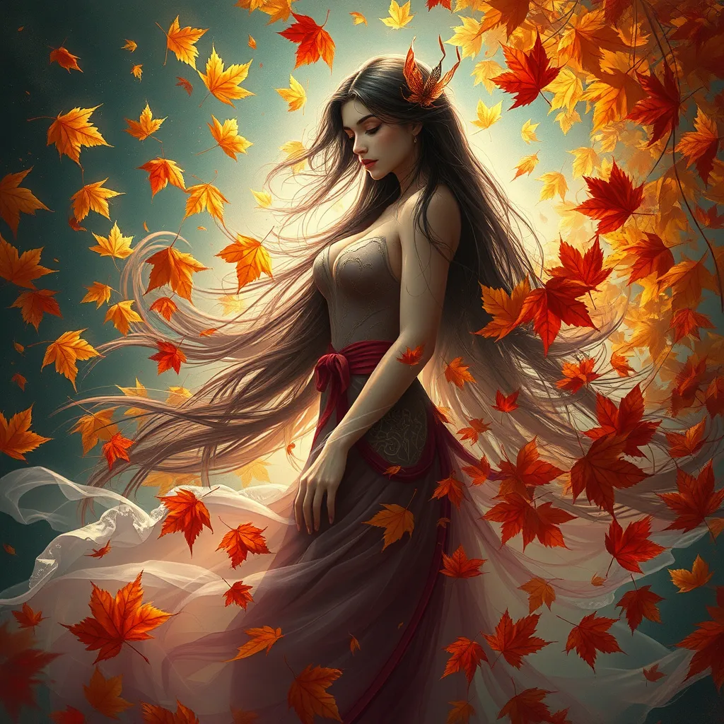 Irelia in a surrealistic scene, surrounded by a whirlwind of autumn leaves, each leaf painted in vivid hues of gold and crimson, her figure almost translucent, blending seamlessly with the natural elements.