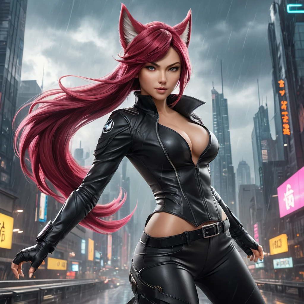 A dynamic Ahri, in a combat-ready black leather outfit, her tails swirling with energy, set against a backdrop of a stormy, cyberpunk city, her pose aggressive yet graceful, embodying her fierce and agile nature.