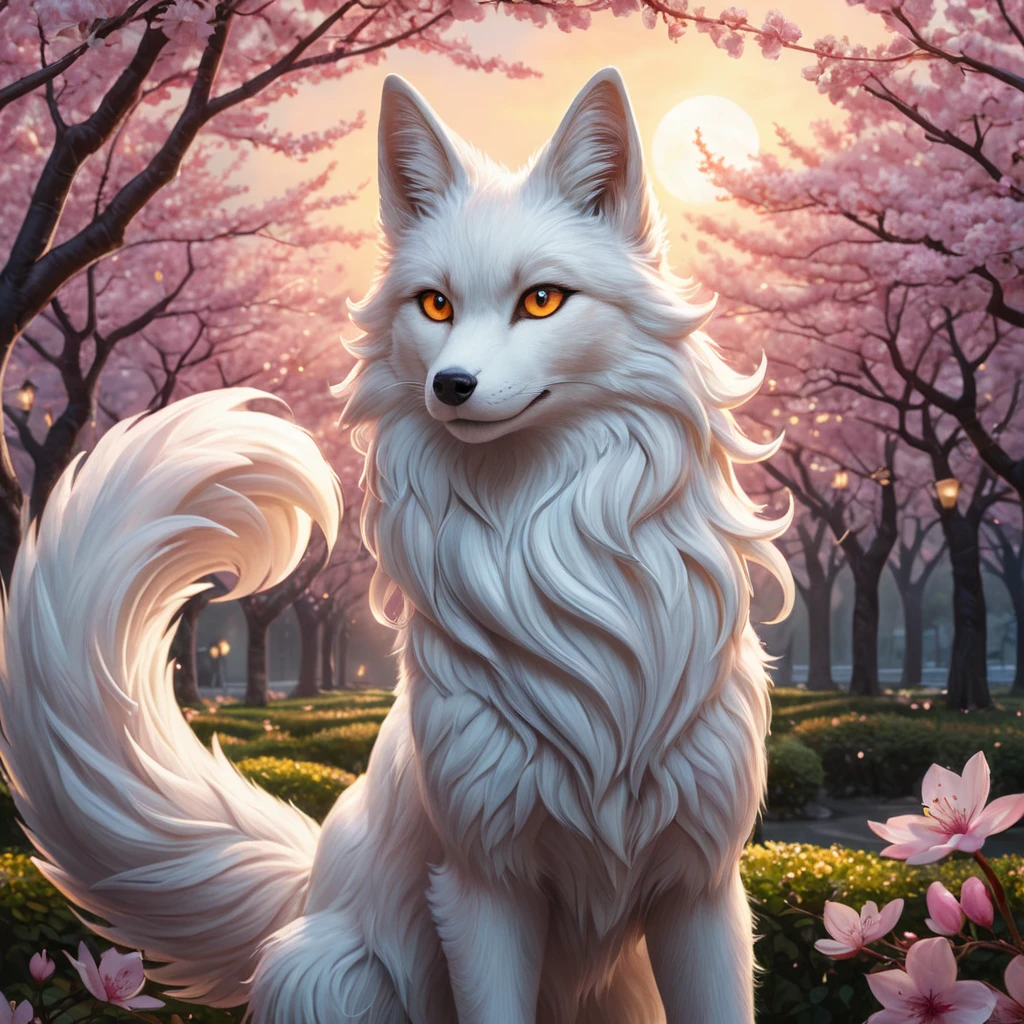 A stunning Ahri, the Nine-Tailed Fox, rendered in a hyper-realistic style with intricate fur details and vibrant, glowing eyes, standing amidst a serene cherry blossom grove under a twilight sky.