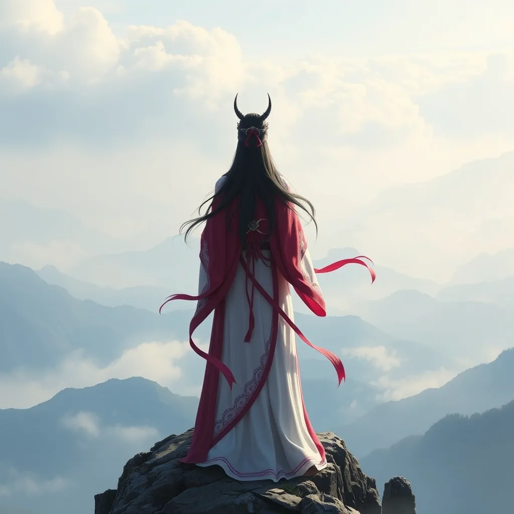 A majestic Ahri, in a detailed, realistic digital art style, wearing a traditional Korean hanbok, standing on a misty mountain peak overlooking a vast, serene landscape, emphasizing her regal and serene presence.