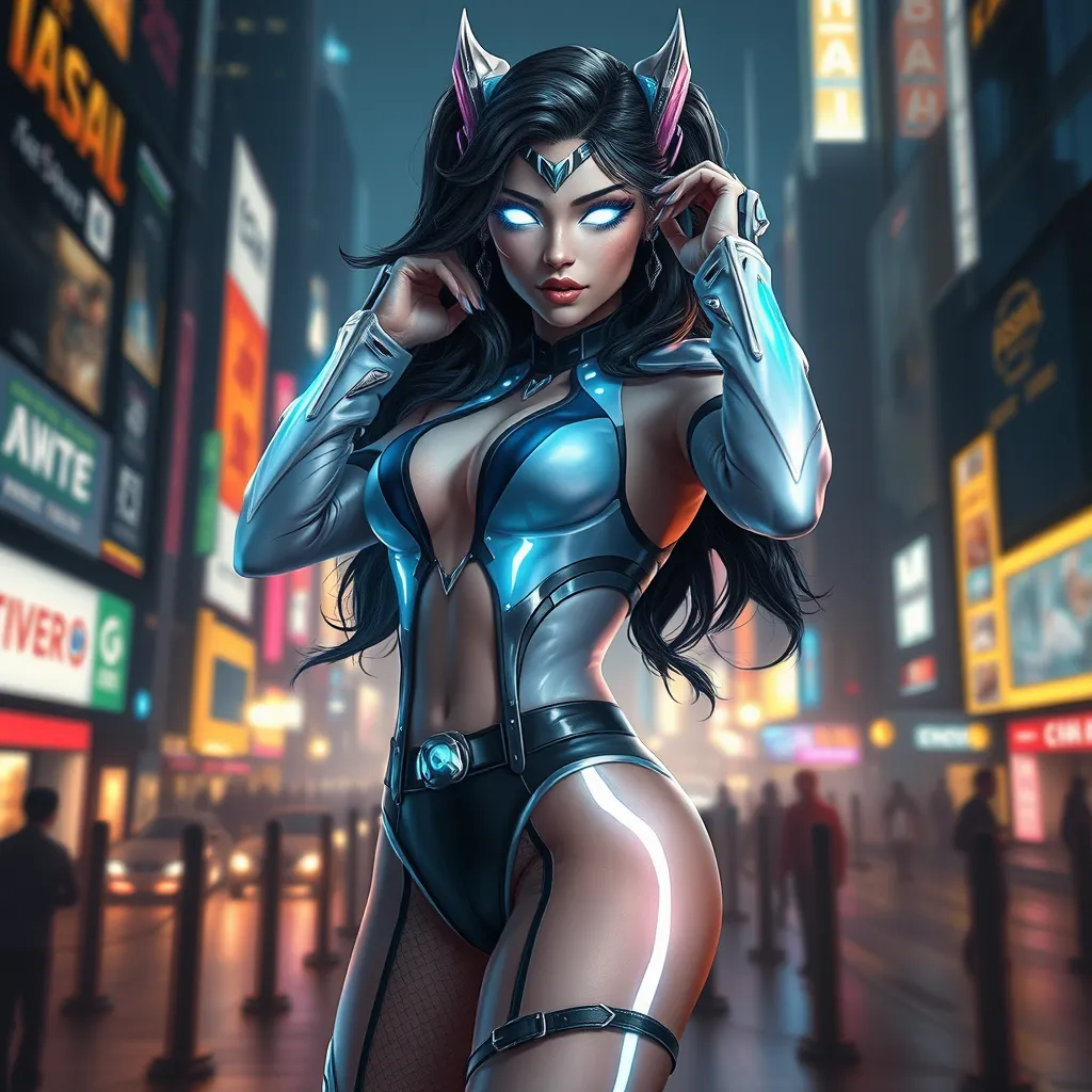 Ahri, styled in a futuristic, holographic outfit, her form dynamically posed against a backdrop of a bustling, neon-lit city at night, her eyes glowing with a captivating, otherworldly light, showcasing her dynamic and alluring persona.