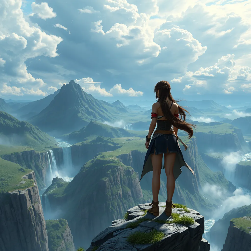 Tifa Lockhart standing at the edge of a cliff, overlooking a vast, mystical landscape of mountains and waterfalls, her pose exuding confidence and serenity, with a dramatic sky filled with swirling clouds