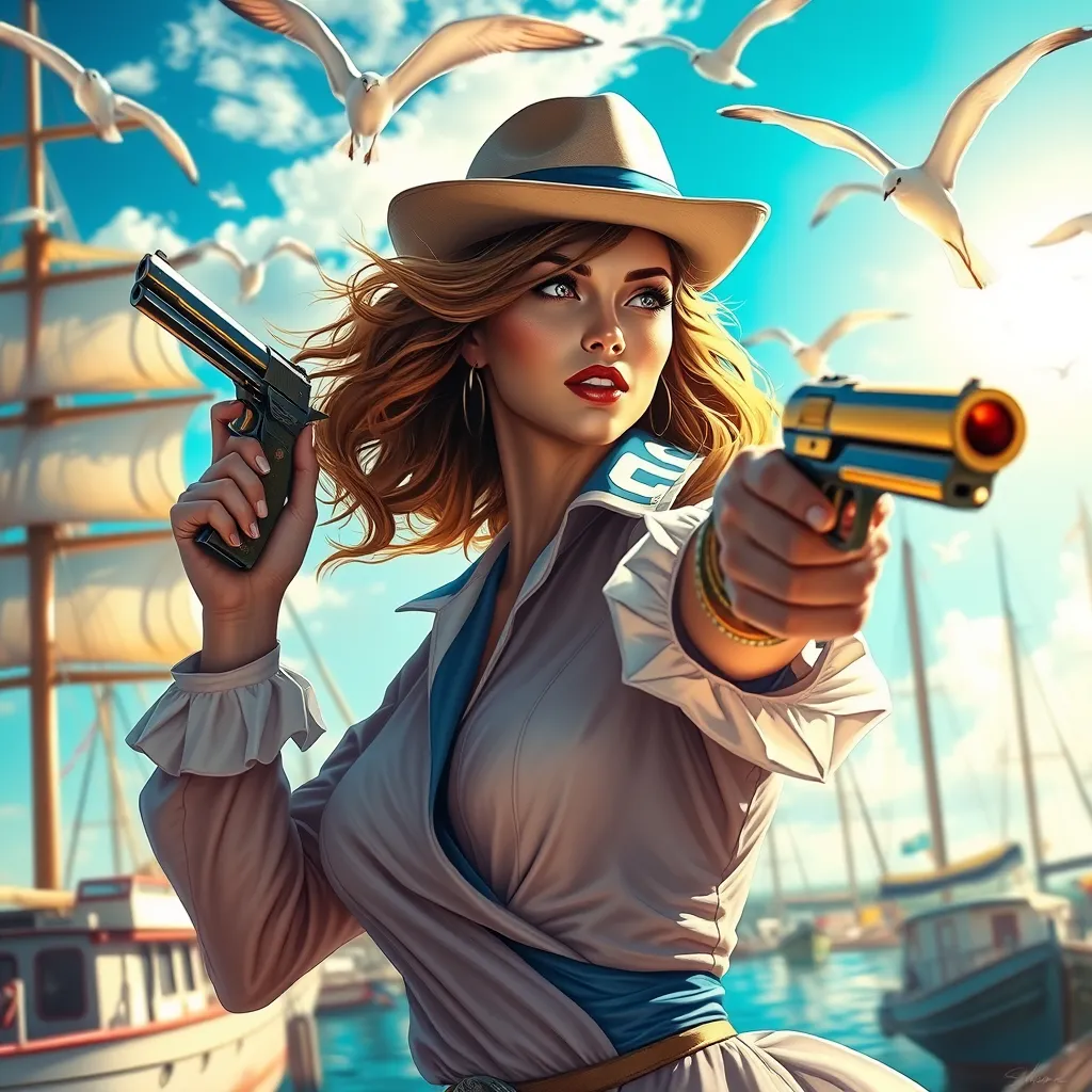 A stunning Miss Fortune, depicted in a vibrant, sunlit harbor scene with billowing sails and seagulls overhead, her pistols gleaming in the sunlight as she eyes her next target, rendered in rich, detailed realism.