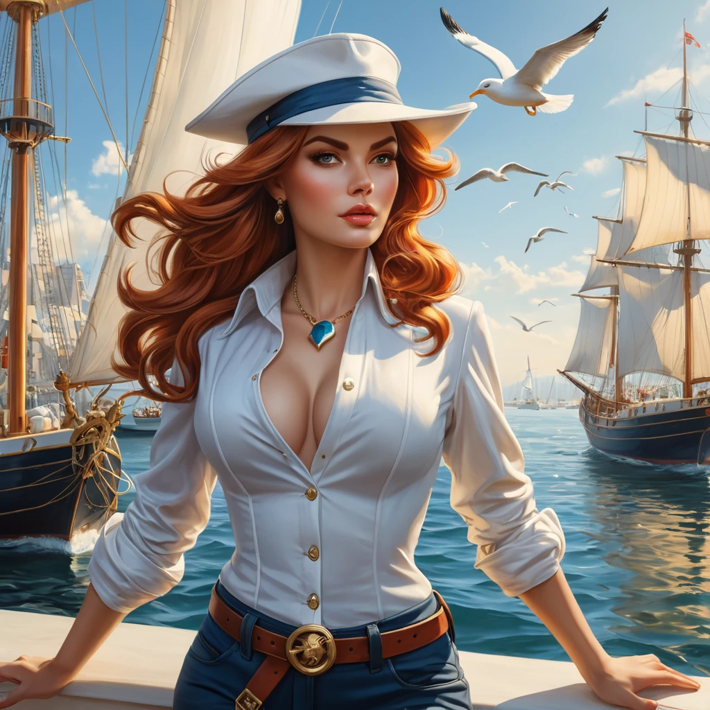 A stunning Miss Fortune, depicted in a vibrant, sunlit harbor scene with billowing sails and seagulls overhead, her pistols gleaming in the sunlight as she eyes her next target, rendered in rich, detailed realism.