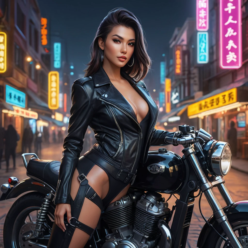 A seductive Akali, her black leather attire accentuating her curves, leaning against a vintage motorcycle under the neon lights of a bustling city night.