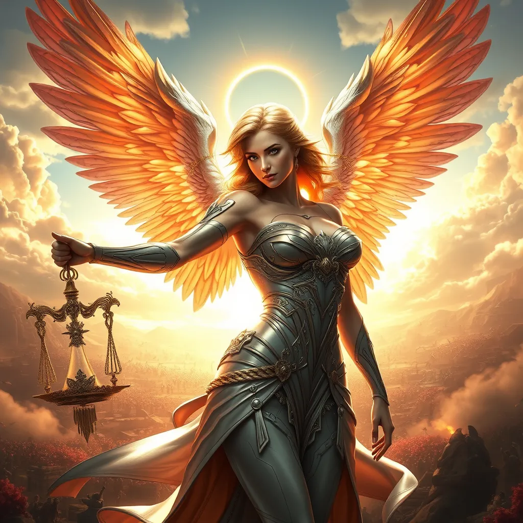 A stunning portrait of Kayle, the archangel of justice, rendered in a hyper-realistic style with intricate details, glowing wings, and a radiant halo, set against a backdrop of a celestial battlefield bathed in golden light.