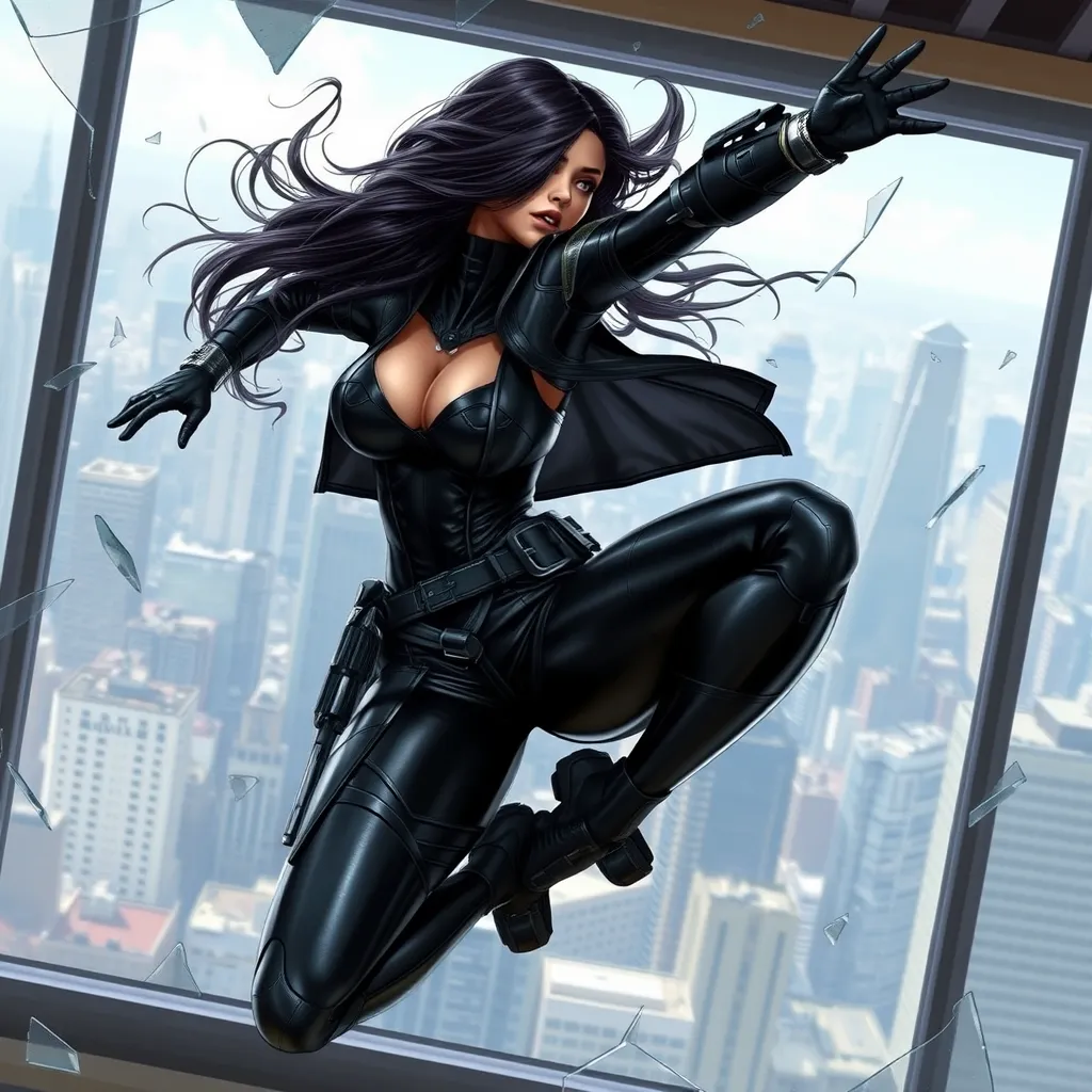 An action-ready Akali, leaping through the air in a black leather combat suit, with a cityscape skyline visible through a shattered glass window behind her.