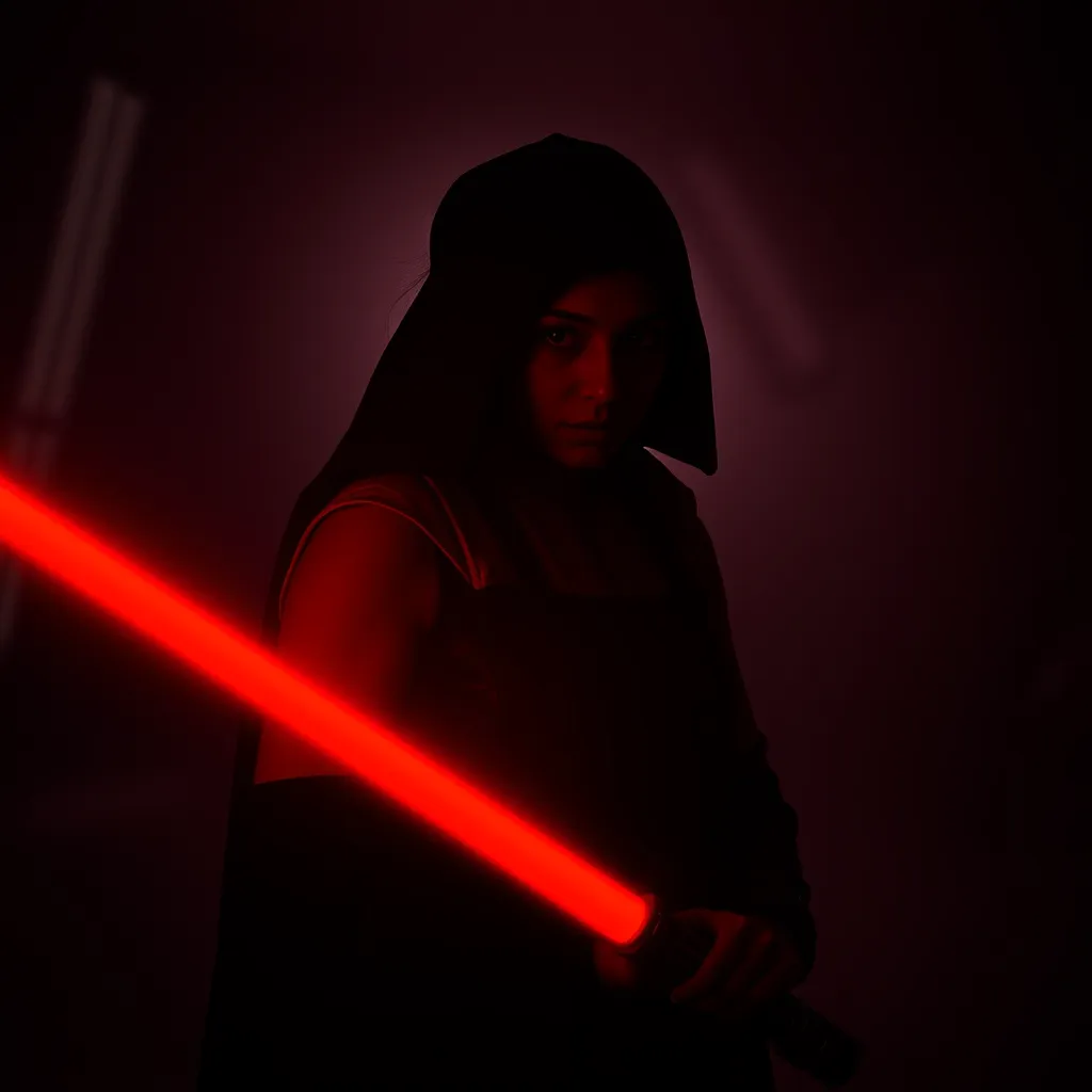 Portrait of a silhouette star wars figure in her red lightsaber, in the style of evocative environmental portraits, dark, red