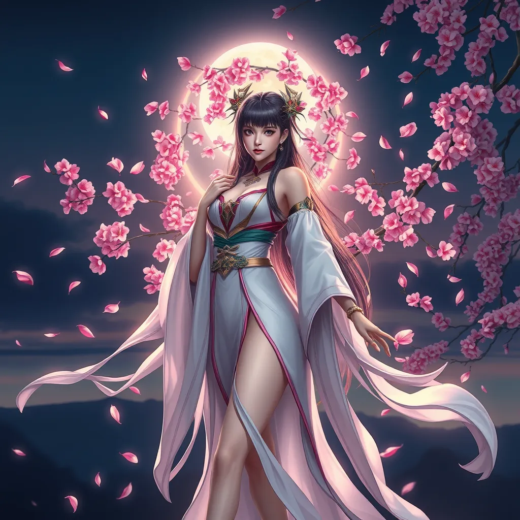 An ethereal Akali, surrounded by a halo of cherry blossom petals, her outfit a blend of traditional and modern styles, set against a twilight sky with a full moon.