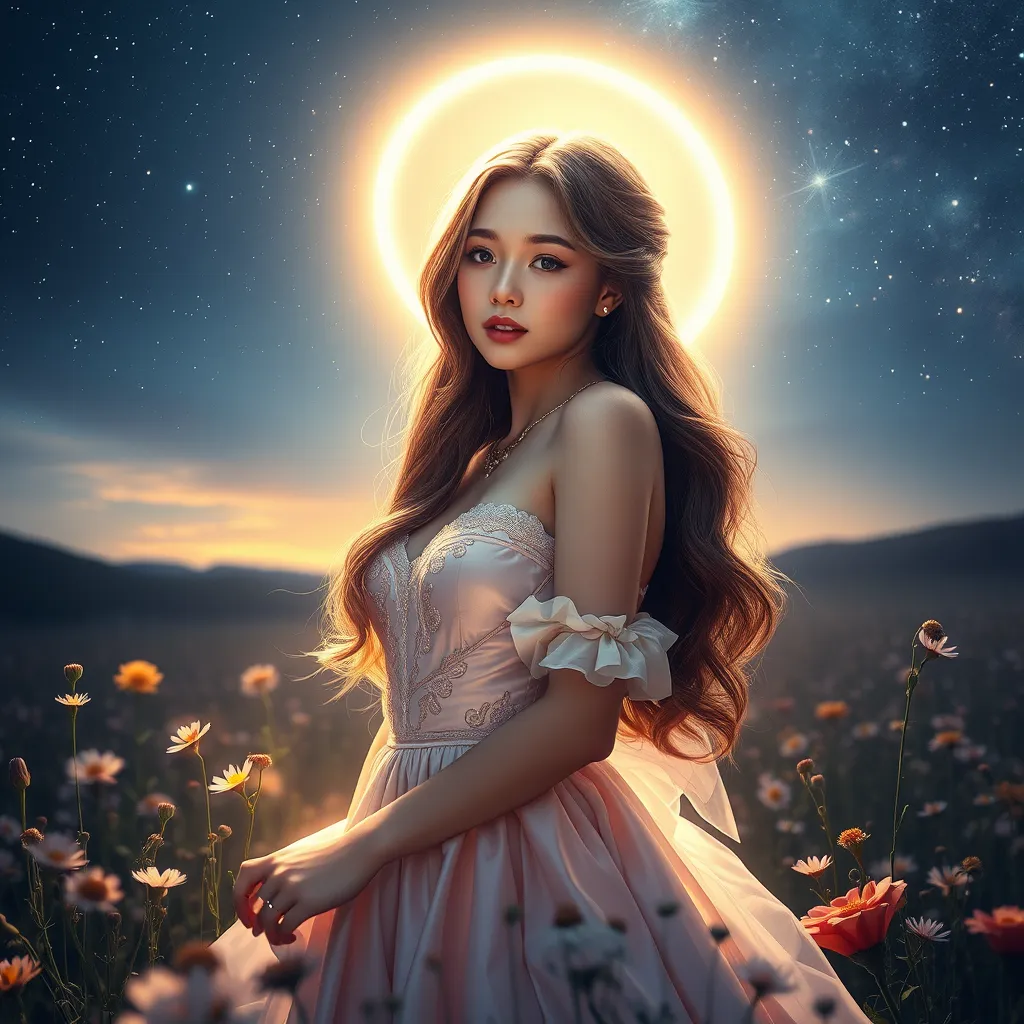 An ethereal Miss Fortune, surrounded by a halo of soft, glowing light, standing amidst a field of wildflowers under a starry night sky, her expressions softened, showcasing a rare moment of tranquility and beauty.