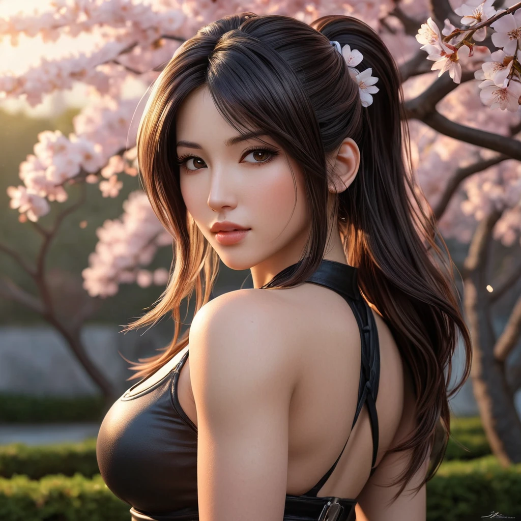 A stunning Tifa Lockhart standing in a serene cherry blossom garden at sunset, her hair flowing gently in the breeze, with a soft, warm glow illuminating her face, capturing her iconic beauty and strength