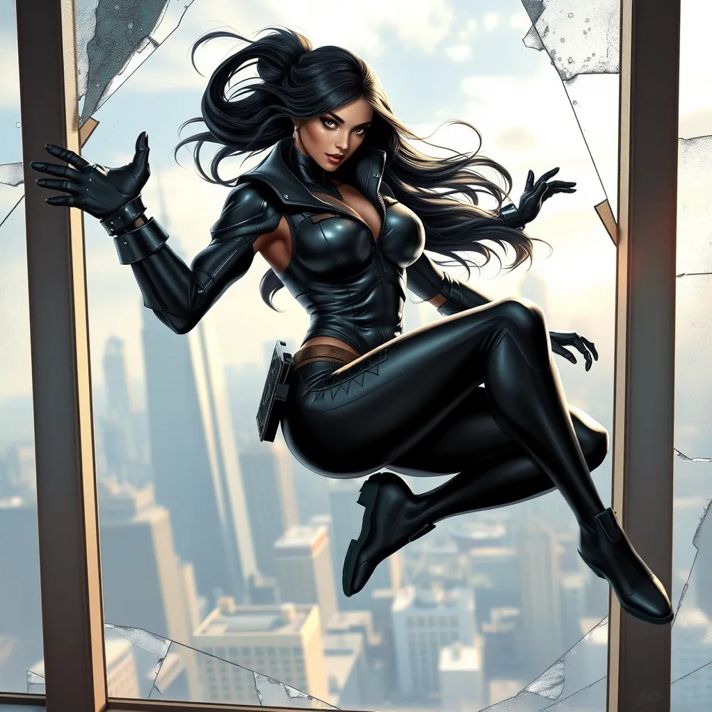 An action-ready Akali, leaping through the air in a black leather combat suit, with a cityscape skyline visible through a shattered glass window behind her.