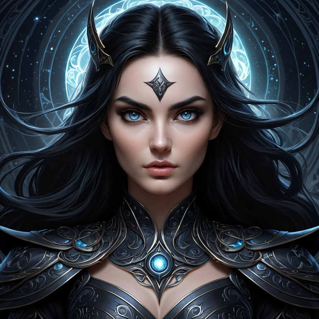 A stunning Morgana, with intricate, dark, and mystical armor adorned with glowing runes, stands amidst a swirling vortex of shadows and stars, her eyes piercing through the darkness with a fierce intensity, digital art style.