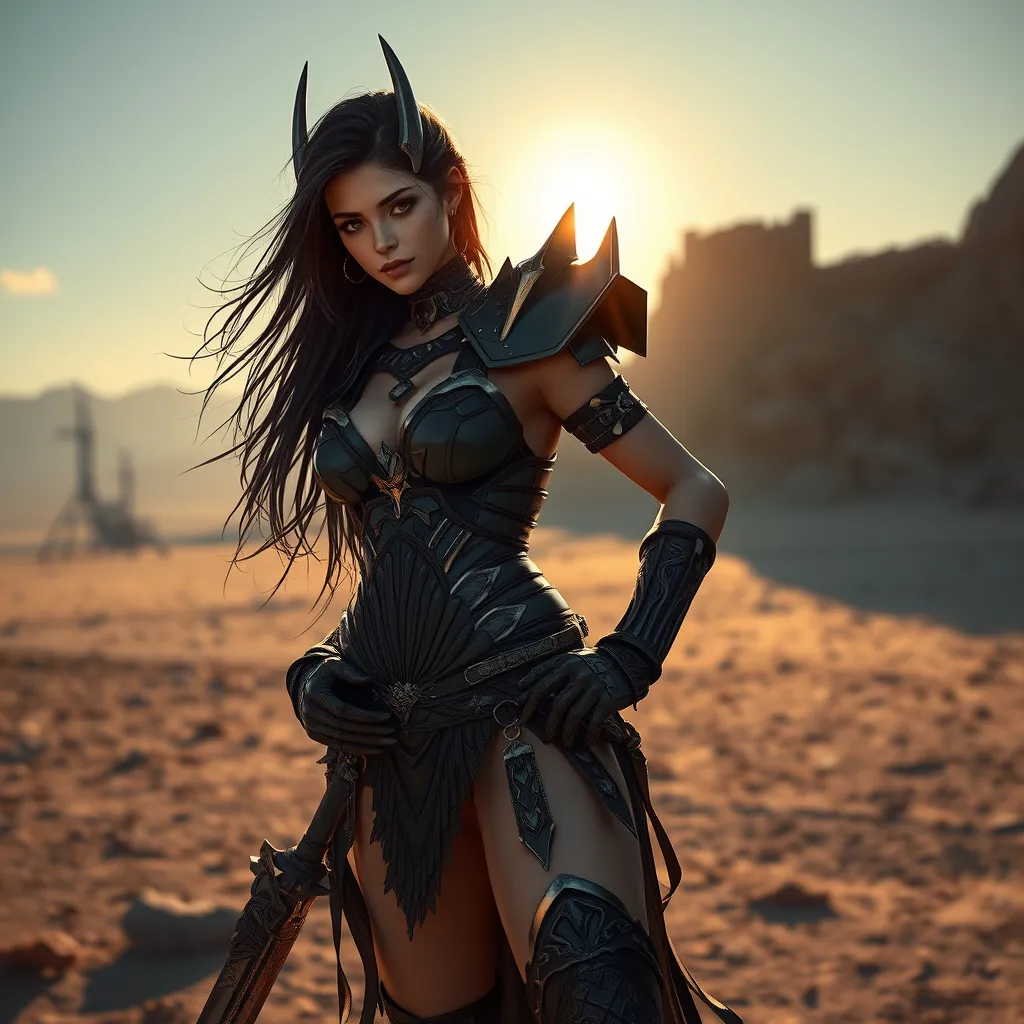 A captivating Ahri, her body wrapped in intricate, black leather armor, detailed with silver accents, standing in a desolate, post-apocalyptic wasteland, the setting sun casting long shadows that highlight her powerful stance.