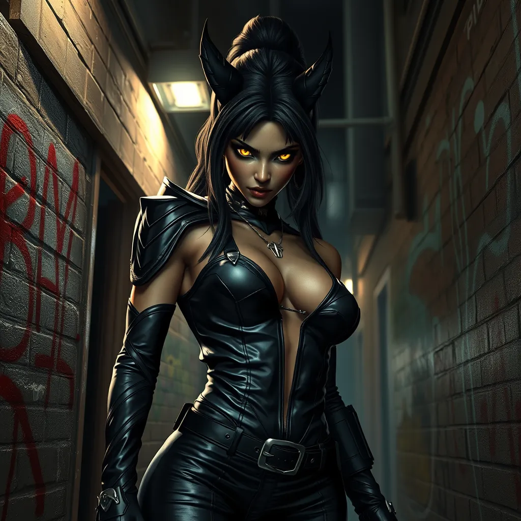 A fierce Akali clad in sleek black leather, standing in a dimly lit urban alley with graffiti-covered walls, her eyes glowing with a mysterious light.