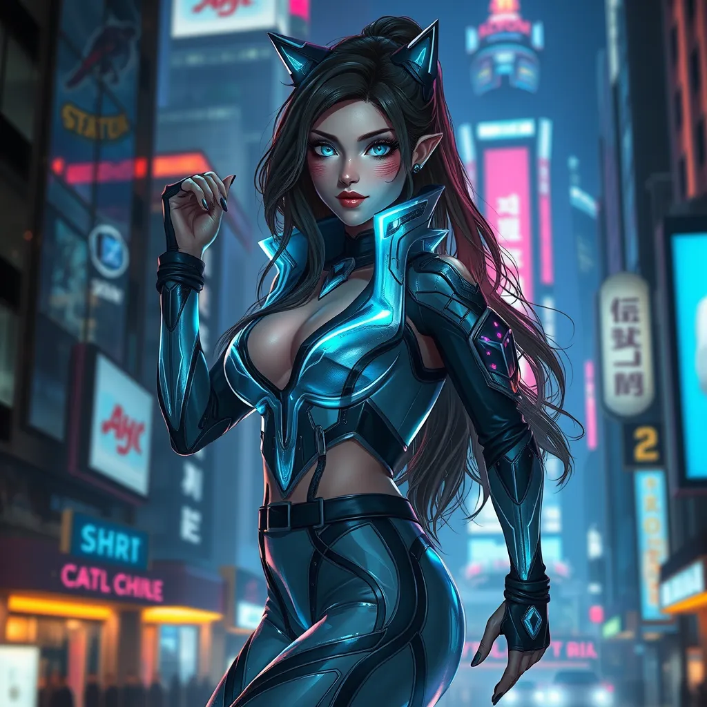 Ahri, styled in a futuristic, holographic outfit, her form dynamically posed against a backdrop of a bustling, neon-lit city at night, her eyes glowing with a captivating, otherworldly light, showcasing her dynamic and alluring persona.