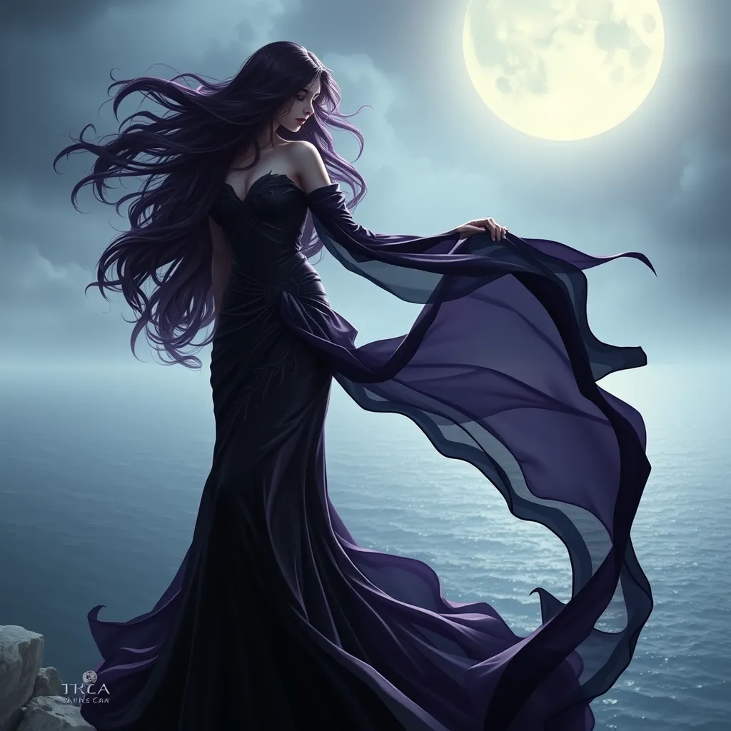 An ethereal Morgana, her form cloaked in a flowing, midnight-black gown that shimmers with hints of deep purple, stands atop a cliff overlooking a moonlit sea, her hair cascading like a river of night, rendered in a hyper-realistic style.