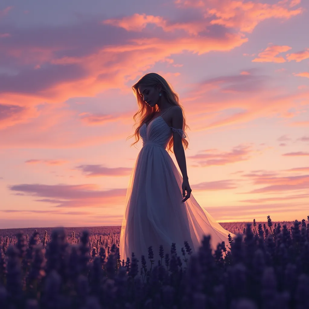 Morgana, the embodiment of twilight, stands in a field of lavender under a sky painted with the hues of dusk, her silhouette softly illuminated by the last rays of the setting sun, portrayed in a soft, dreamy pastel style.