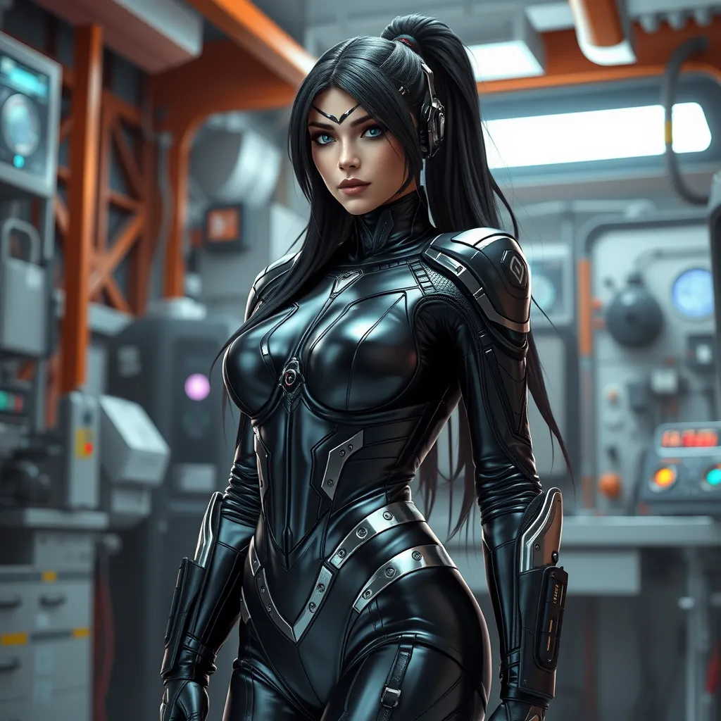 Akali in a cybernetic black leather suit, her body enhanced with metallic accents, standing in a futuristic laboratory filled with high-tech equipment.