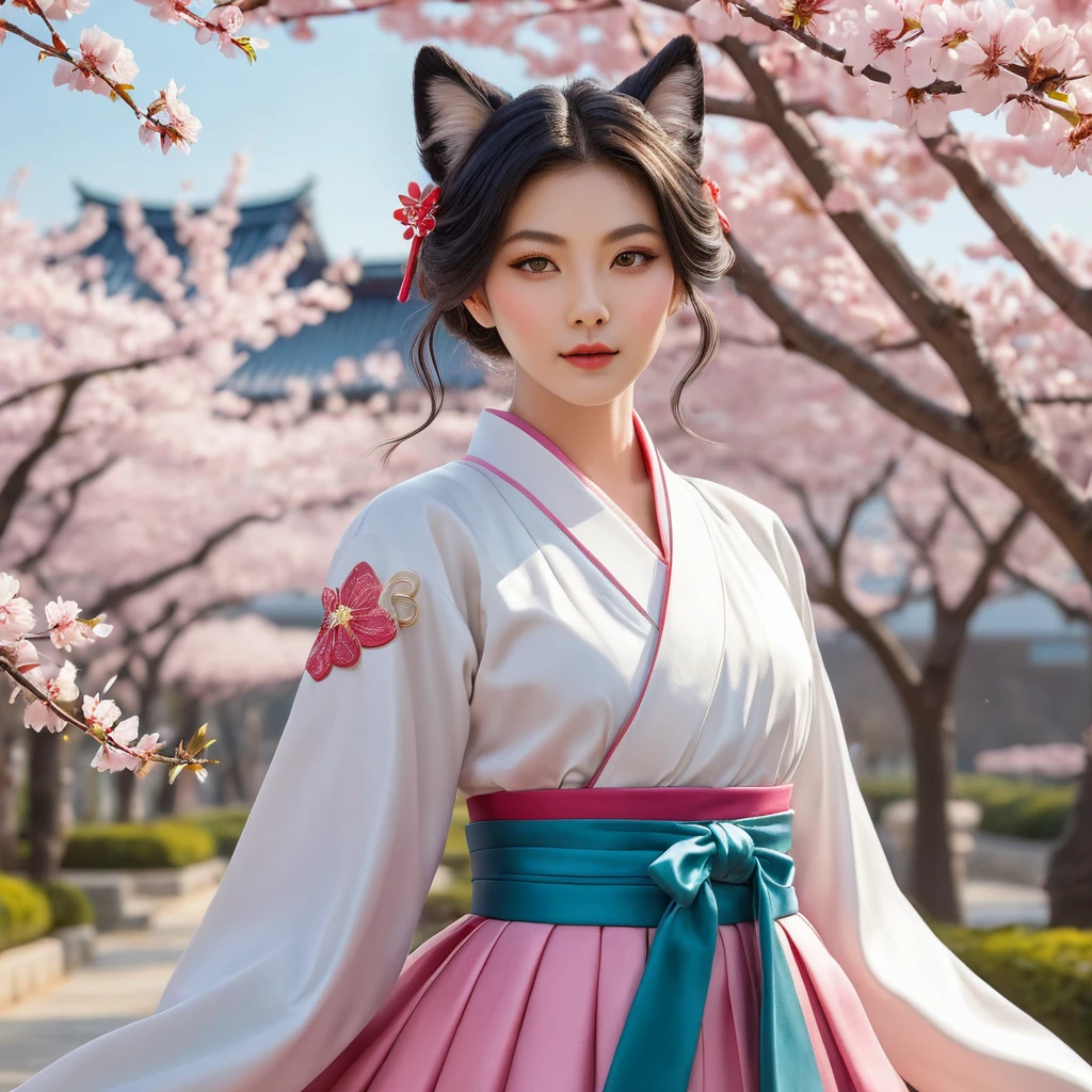 A mesmerizing Ahri, her attire a blend of traditional Korean hanbok and modern elegance, standing in a serene garden of cherry blossoms, the wind gently stirring her garments, enhancing her graceful and alluring presence.