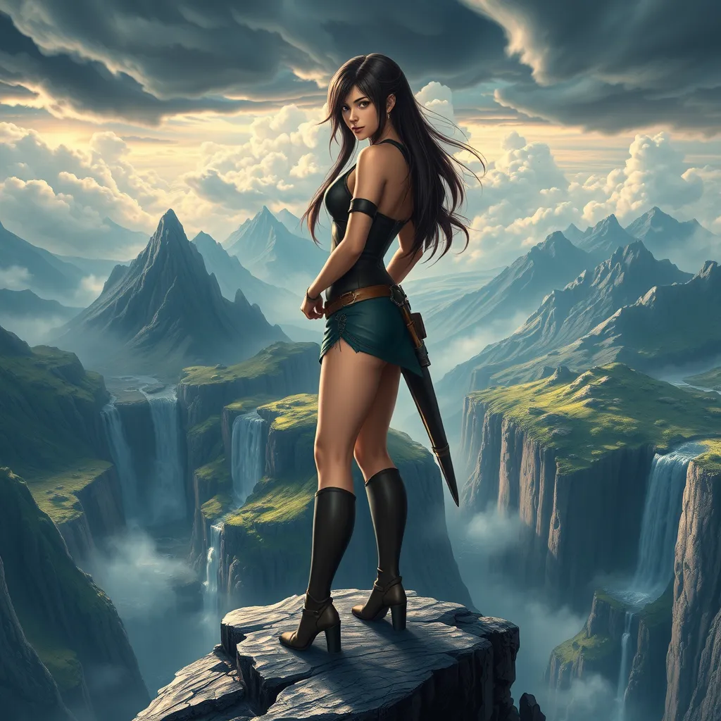 Tifa Lockhart standing at the edge of a cliff, overlooking a vast, mystical landscape of mountains and waterfalls, her pose exuding confidence and serenity, with a dramatic sky filled with swirling clouds