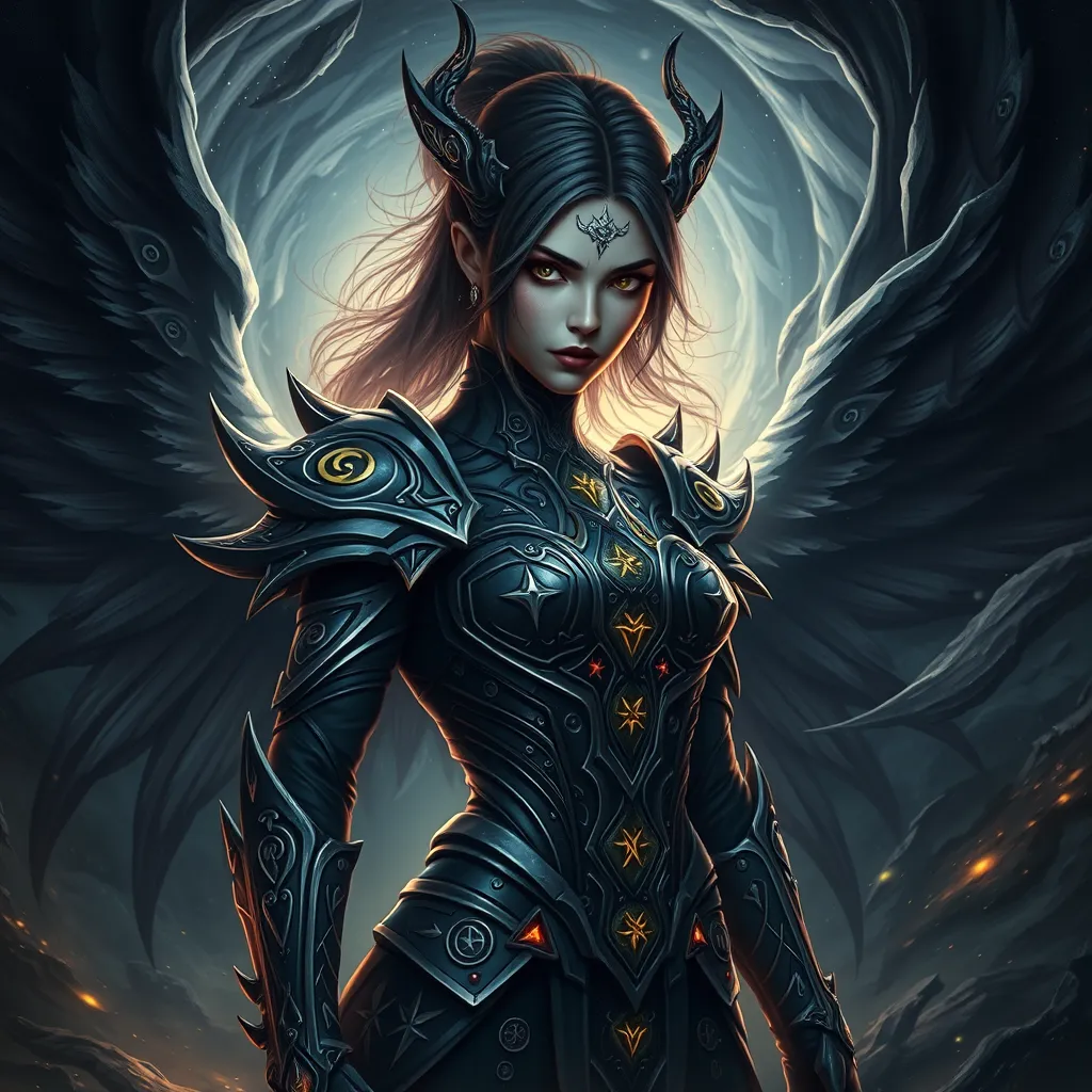 A stunning Morgana, with intricate, dark, and mystical armor adorned with glowing runes, stands amidst a swirling vortex of shadows and stars, her eyes piercing through the darkness with a fierce intensity, digital art style.