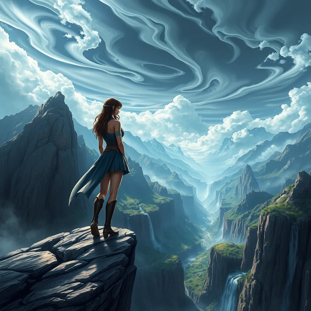 Tifa Lockhart standing at the edge of a cliff, overlooking a vast, mystical landscape of mountains and waterfalls, her pose exuding confidence and serenity, with a dramatic sky filled with swirling clouds