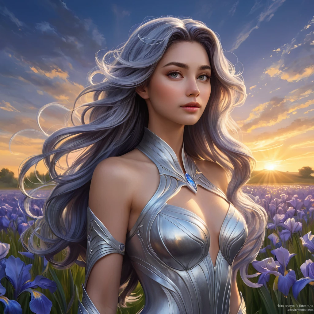 A stunning Irelia, with her hair flowing like liquid silver under a twilight sky, standing amidst a field of luminescent irises that glow with a soft, otherworldly light, emphasizing her ethereal beauty.