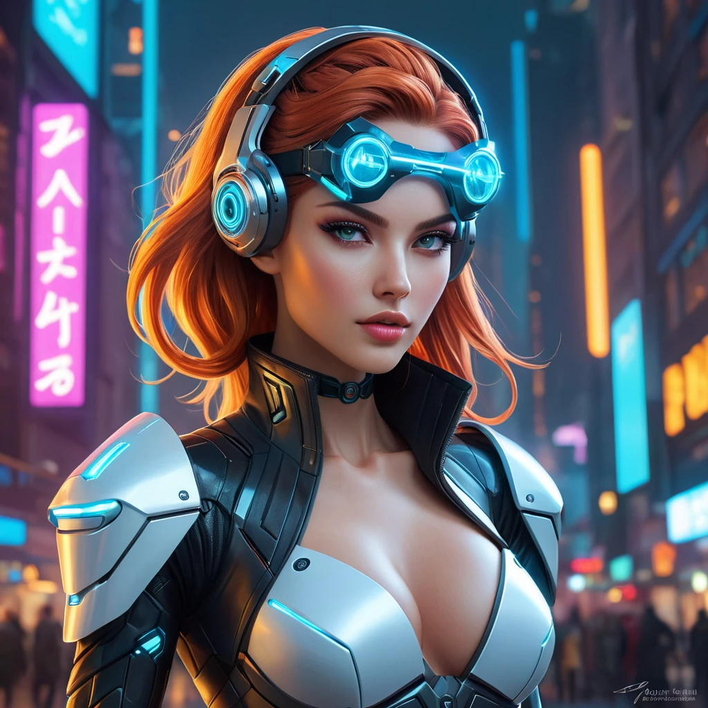 Miss Fortune in a futuristic, cyberpunk cityscape, neon lights reflecting off her cybernetic enhancements, her classic attire fused with high-tech elements, emphasizing her as a symbol of strength and adaptability in a changing world.