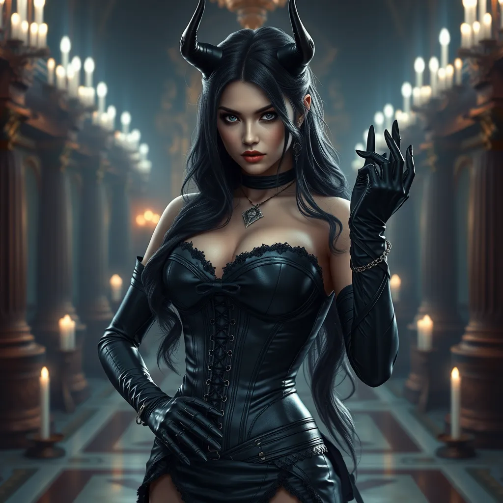 Ahri, styled in a gothic, black leather corset and long gloves, her features sharp and intense, posed in a grand, candlelit hall, the atmosphere both dark and enchanting, showcasing her alluring mystique.