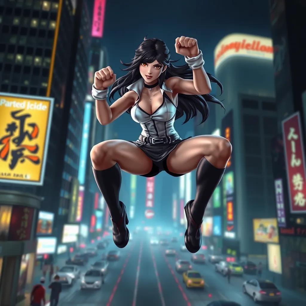 Tifa Lockhart in a dynamic pose, leaping through the air with her fists clenched, set against a backdrop of a bustling, neon-lit city at night, showcasing her agility and determination