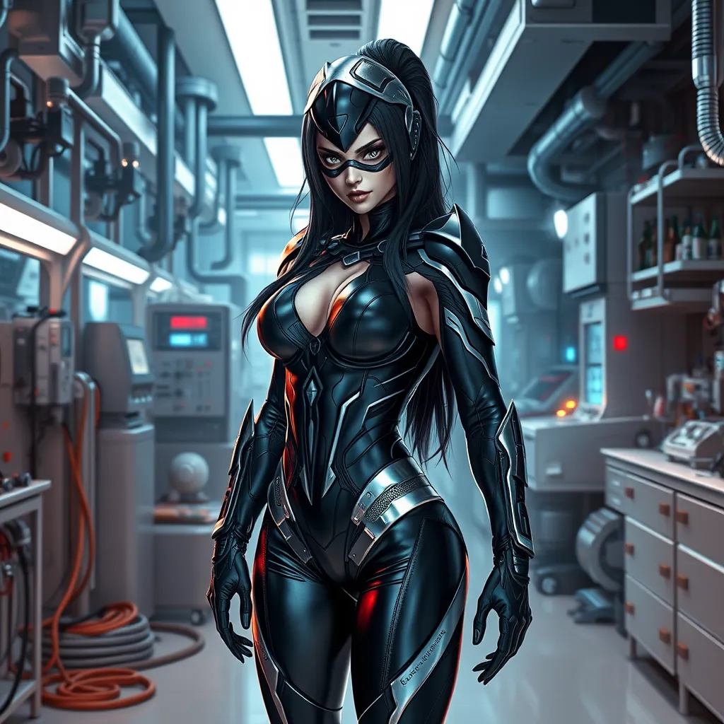 Akali in a cybernetic black leather suit, her body enhanced with metallic accents, standing in a futuristic laboratory filled with high-tech equipment.