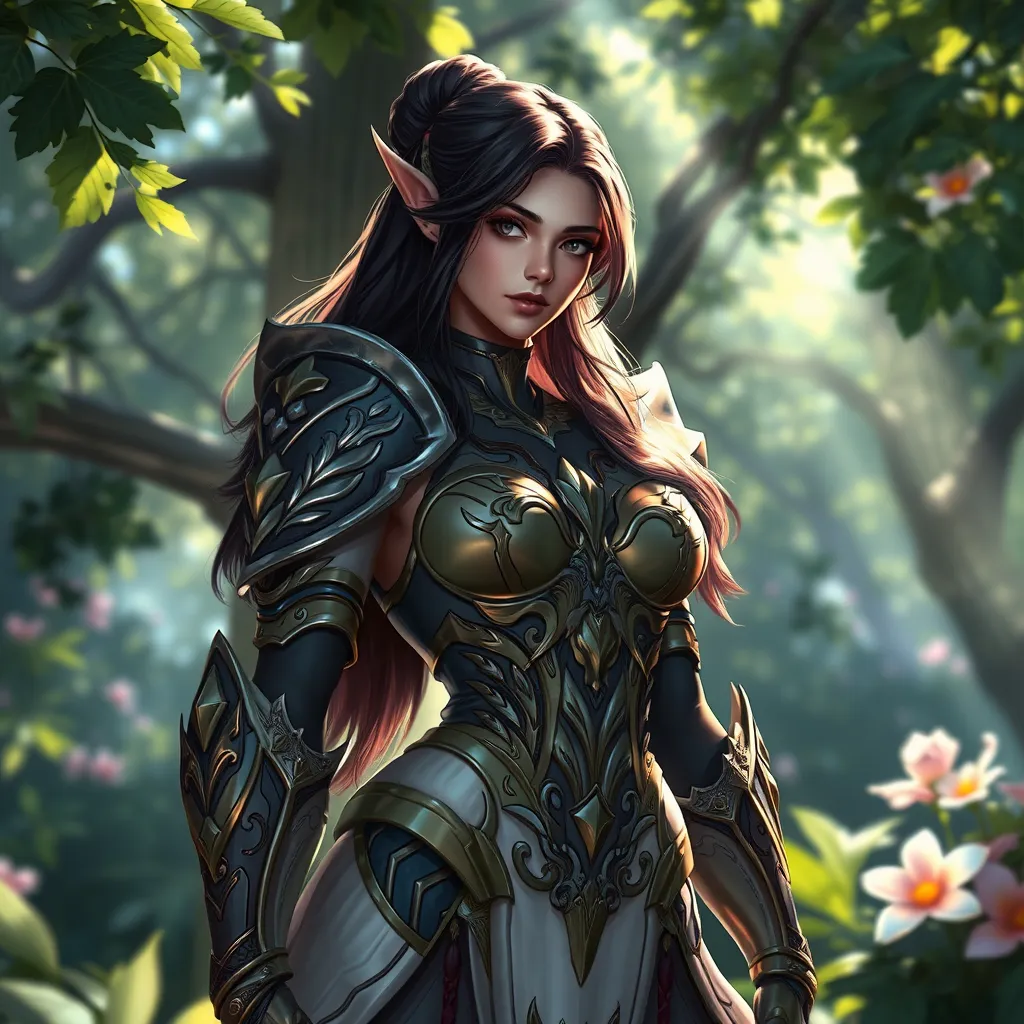 A digital illustration of Irelia, her armor intricately detailed with patterns of leaves and flowers, standing in a sunlit glade, where beams of light pierce through the foliage, highlighting her serene yet powerful stance.