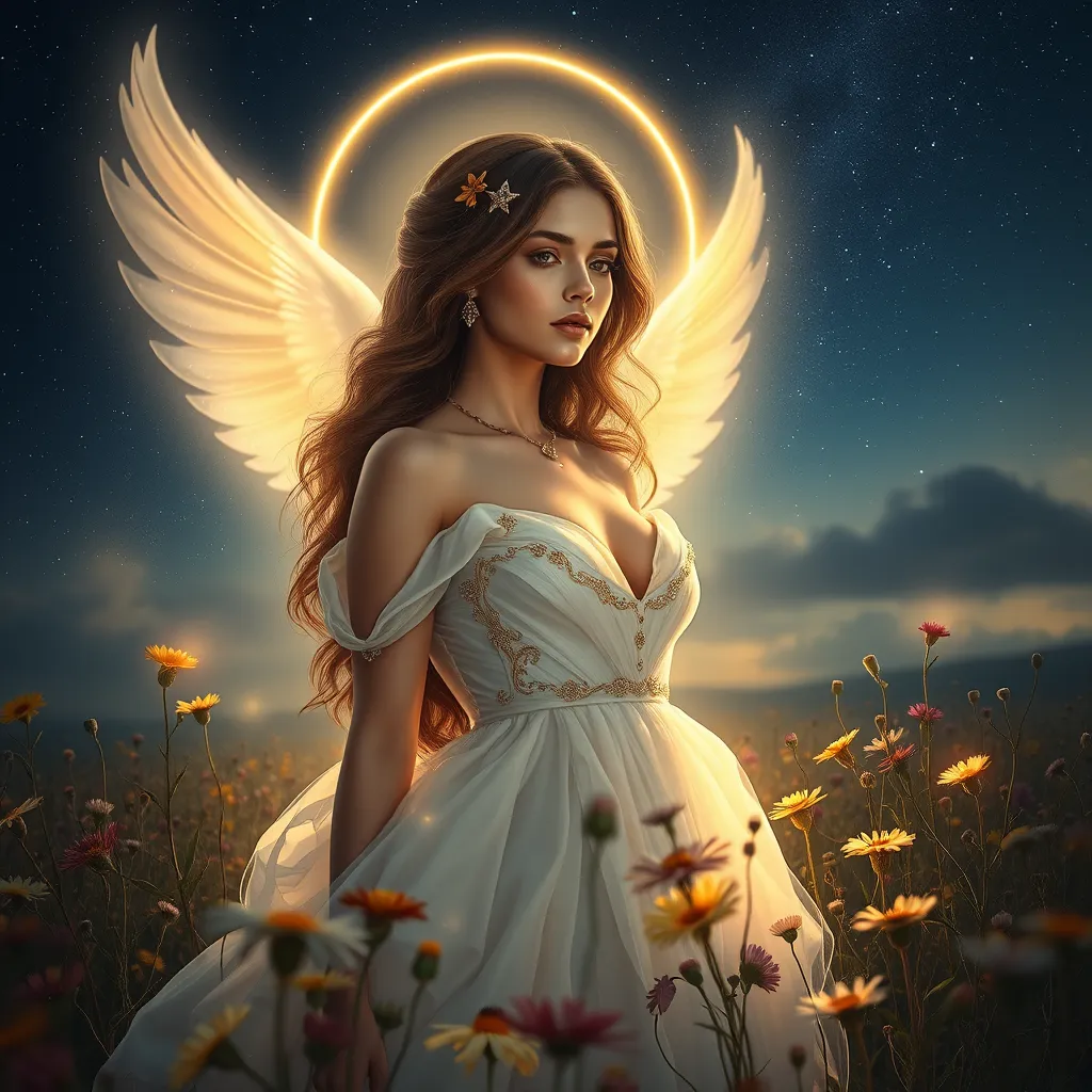 An ethereal Miss Fortune, surrounded by a halo of soft, glowing light, standing amidst a field of wildflowers under a starry night sky, her expressions softened, showcasing a rare moment of tranquility and beauty.