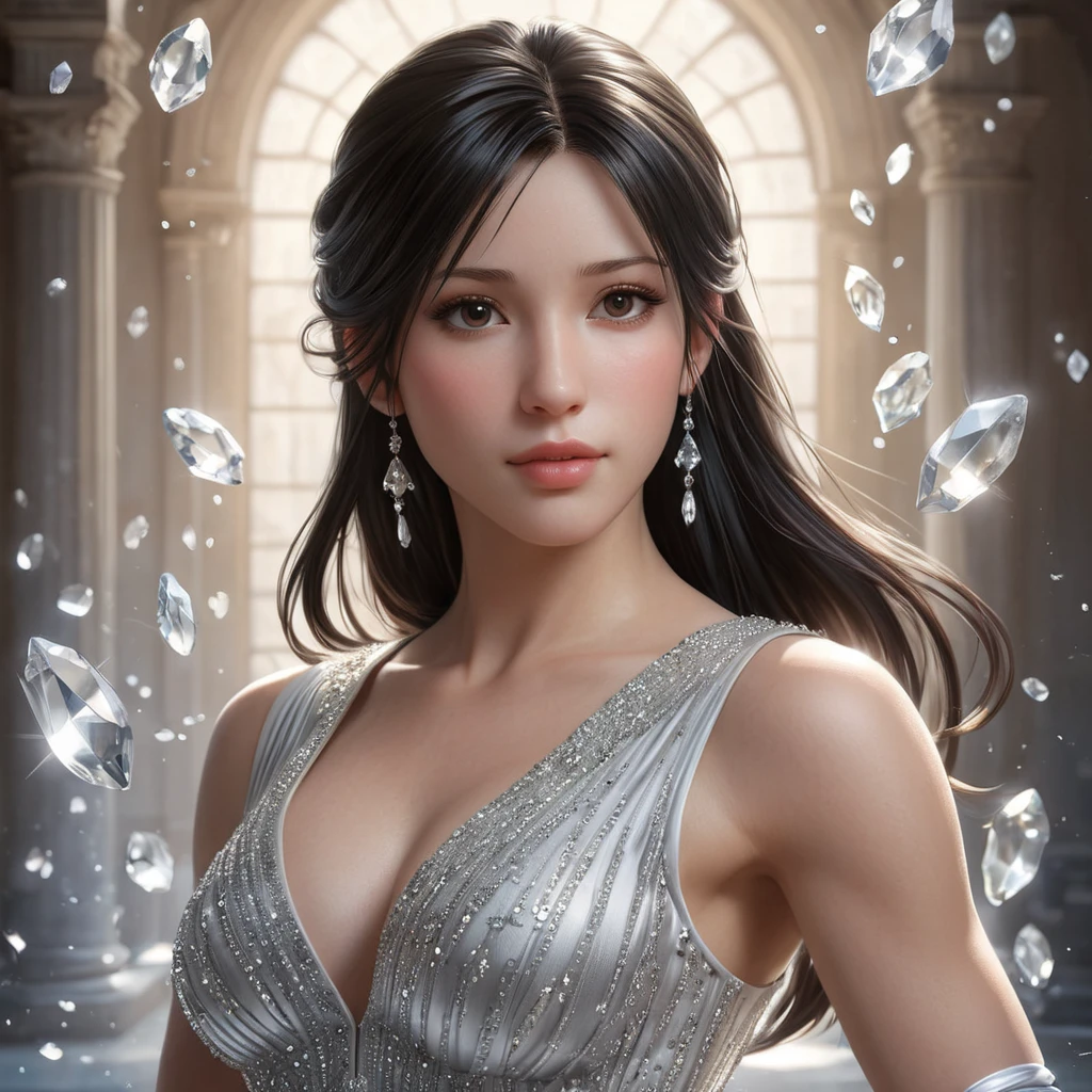 Tifa Lockhart in a classic, elegant dress, surrounded by floating crystals and soft, ethereal light, her expression calm and composed, capturing a moment of peace and reflection