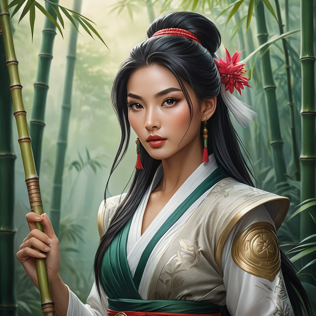 A stunning Akali, rendered in the style of a classic oil painting, with intricate details highlighting her traditional attire and the serene backdrop of a misty bamboo forest.